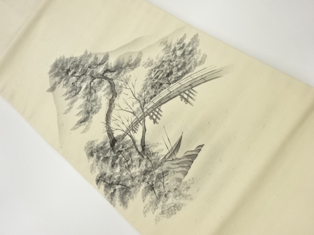 ひげ紬手描き橋に民家・船・草木風景模様名古屋帯